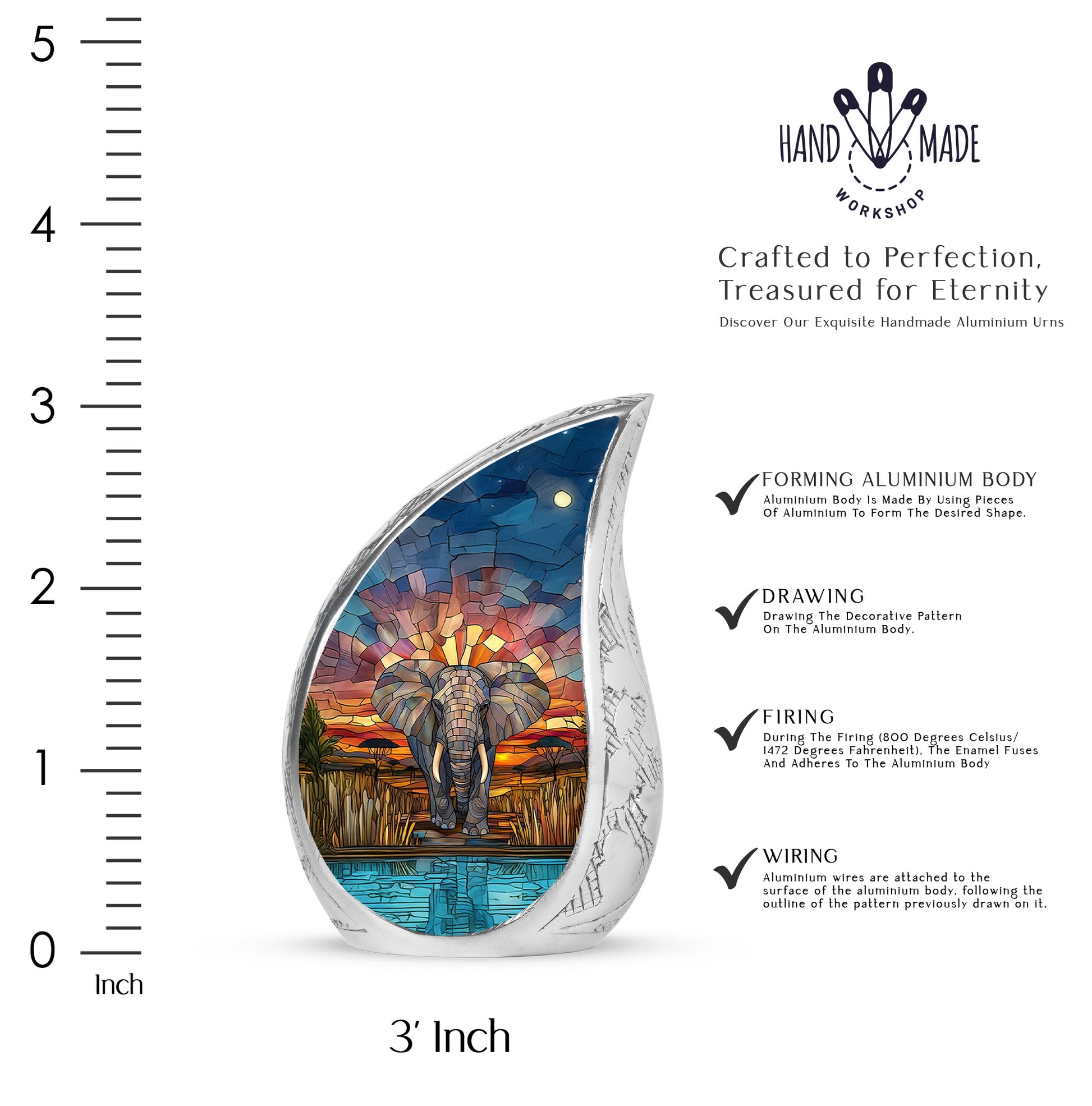 Antique Gold Elephant Cremation Urn angled view of lid and engraved motif - flowing teardrop elephant silhouette on curved aluminum - mini keepsake memorial for portion of cremation ashes