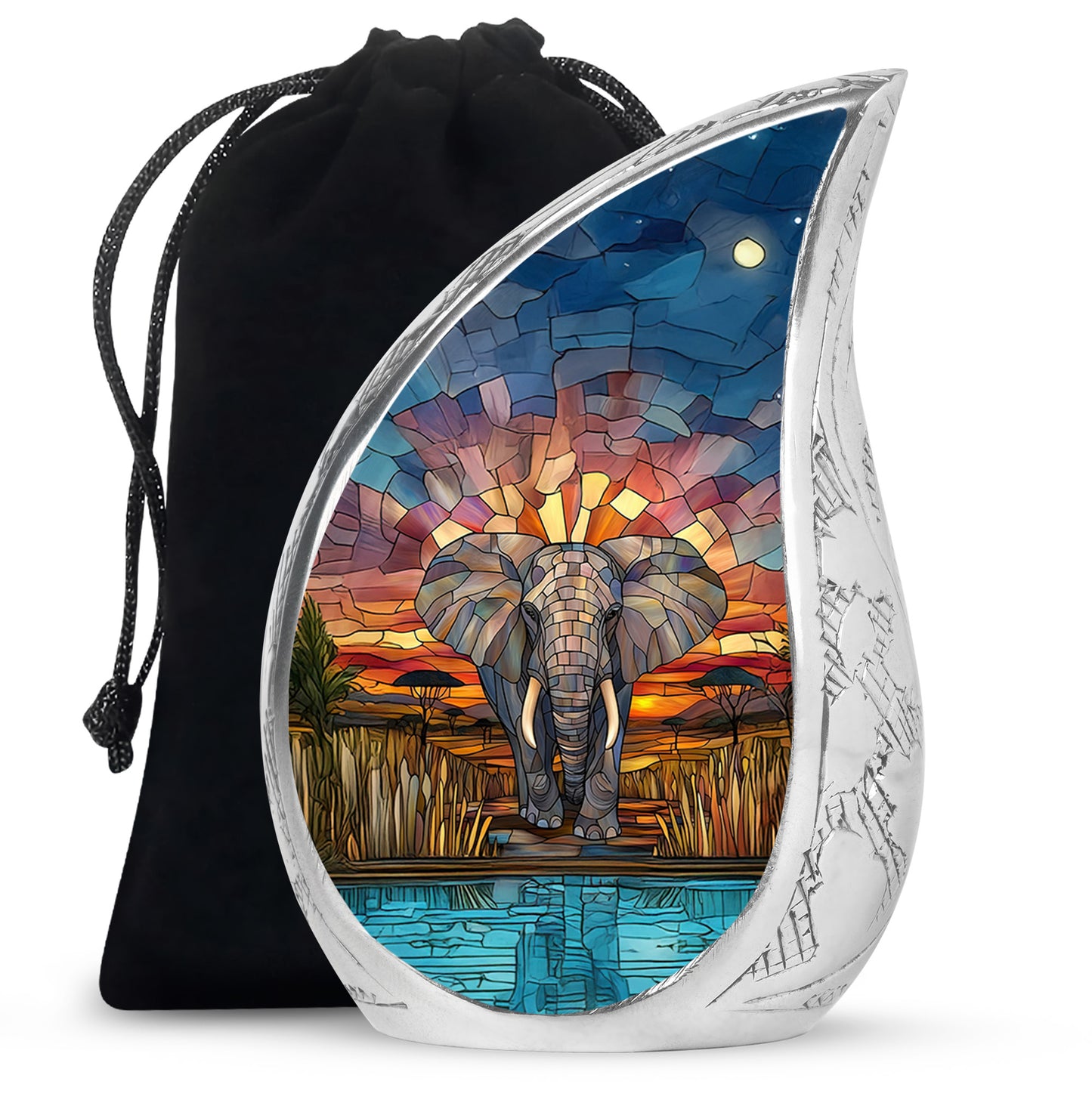 Royal Gold Elephant Cremation Urn front view showing detailed design - graceful tear-shaped urn with elephant motif - full-size 10 inch 200 cubic inch adult cremation urn