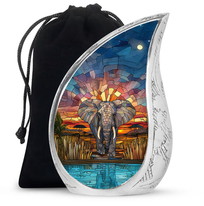 Royal Gold Elephant Cremation Urn front view showing detailed design - graceful tear-shaped urn with elephant motif - full-size 10 inch 200 cubic inch adult cremation urn