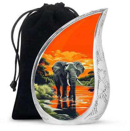 Warm Gold Elephant Cremation Urn front view showing detailed design - smooth teardrop contour featuring elephant art - full-size 10 inch 200 cubic inch adult cremation urn