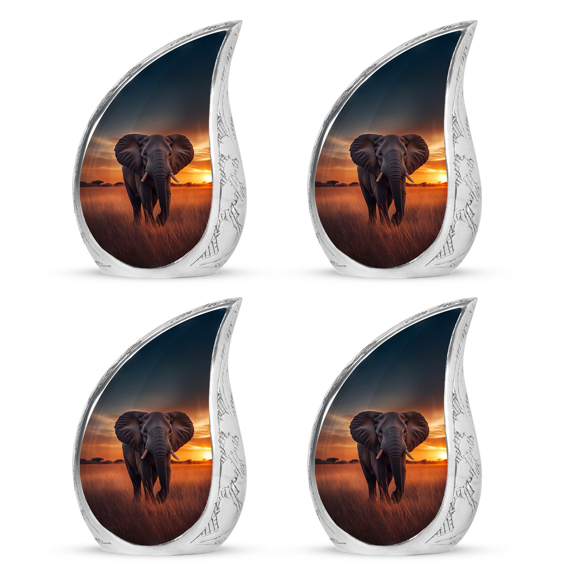 Dusty Blue Elephant Cremation Urn close-up of engraving and surface detail - flowing teardrop elephant silhouette on curved aluminum - 10 inch aluminum urn for cremated remains