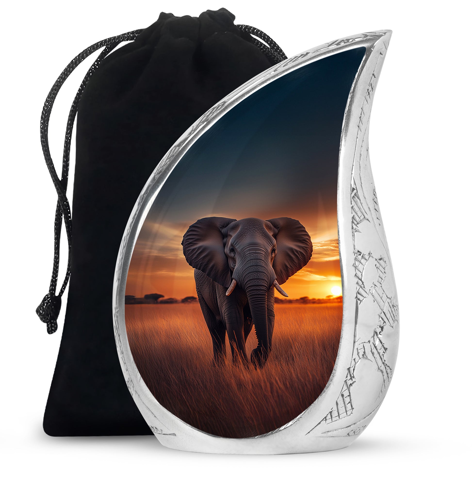 Dusty Blue Elephant Cremation Urn front view showing detailed design - flowing teardrop elephant silhouette on curved aluminum - full-size 10 inch 200 cubic inch adult cremation urn
