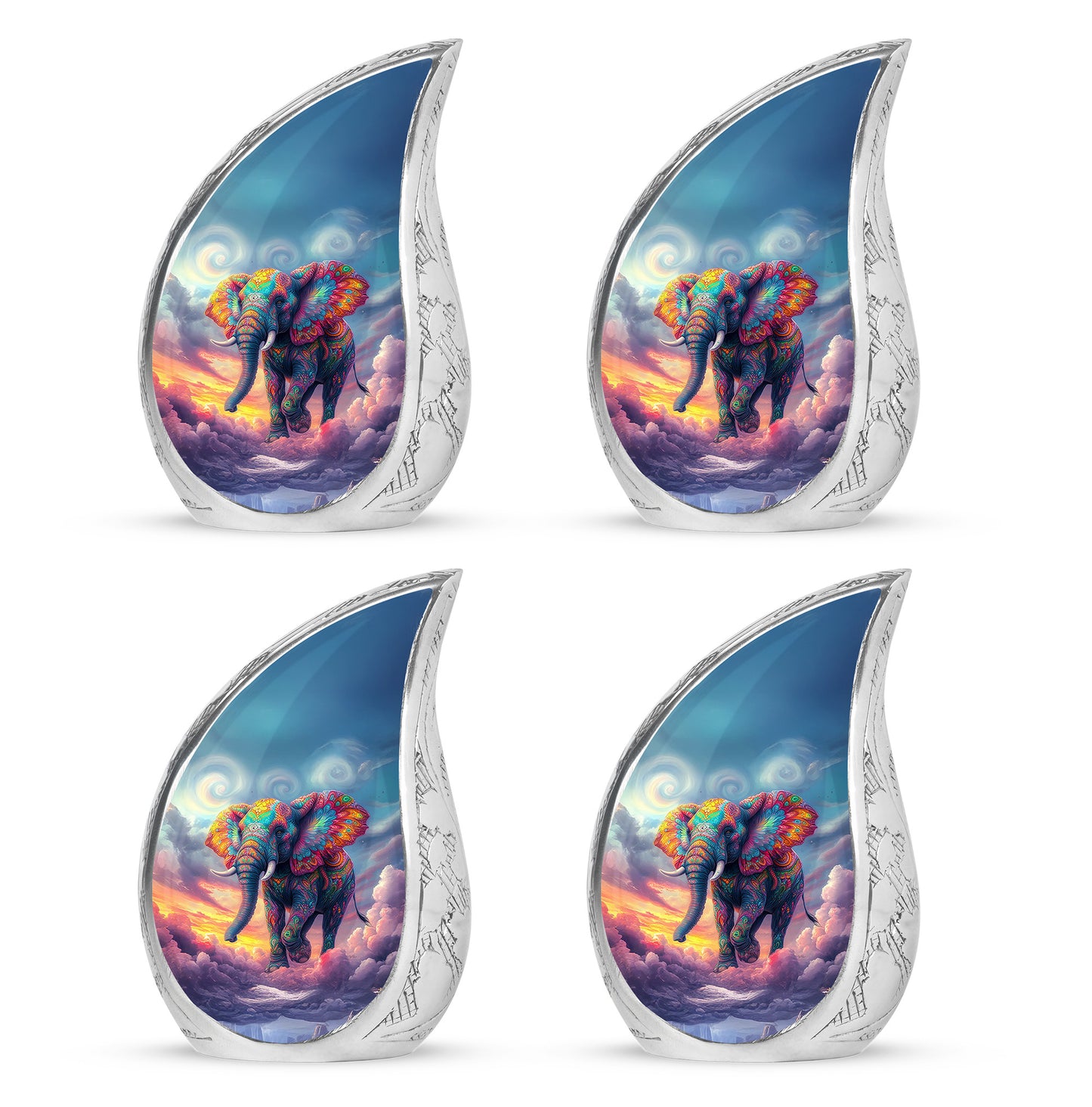 Royal Blue Elephant Cremation Urn close-up of engraving and surface detail - smooth teardrop contour featuring elephant art - 10 inch aluminum urn for cremated remains