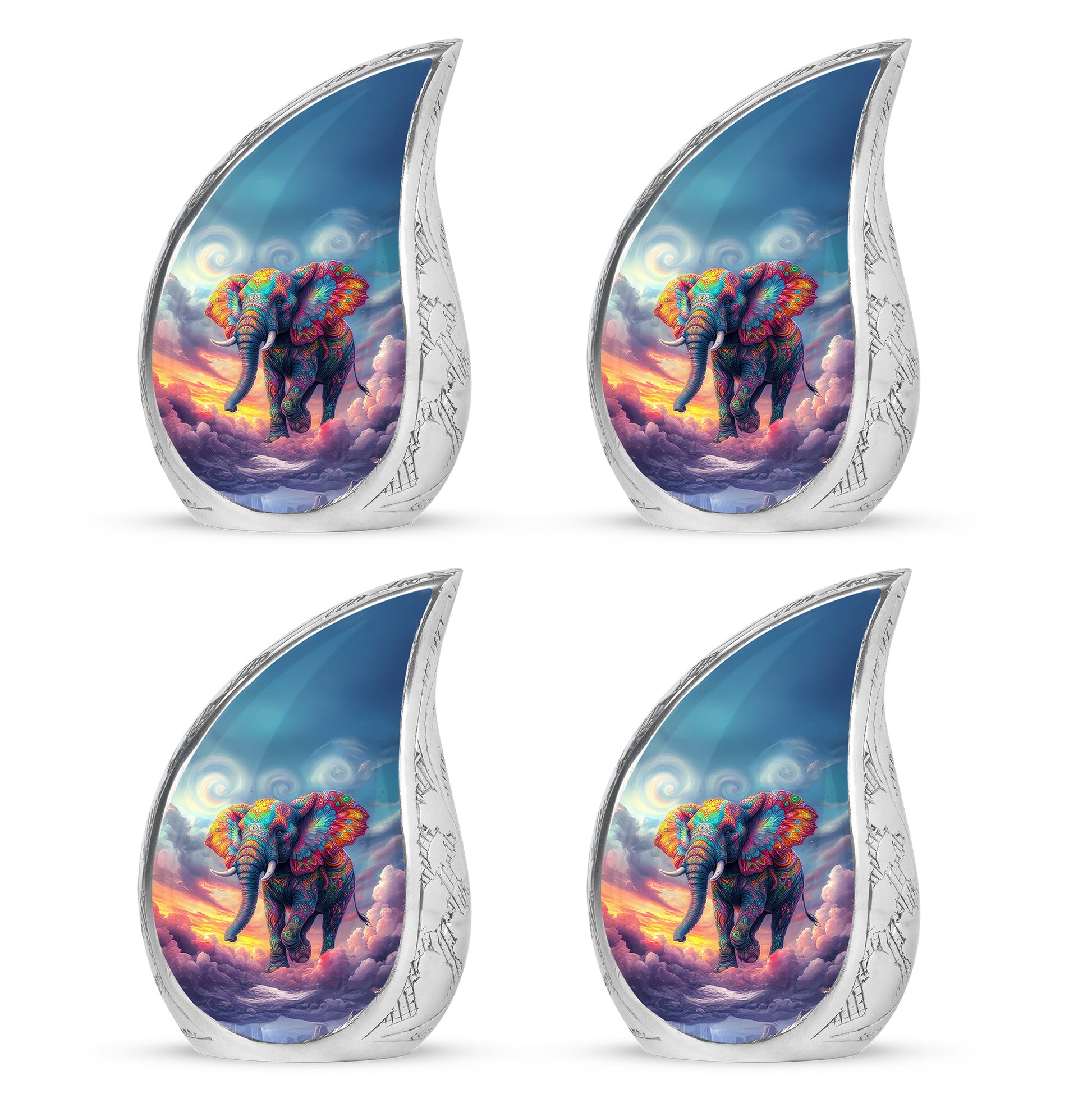 Royal Blue Elephant Cremation Urn close-up of engraving and surface detail - smooth teardrop contour featuring elephant art - 10 inch aluminum urn for cremated remains