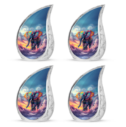 Royal Blue Elephant Cremation Urn close-up of engraving and surface detail - smooth teardrop contour featuring elephant art - 10 inch aluminum urn for cremated remains
