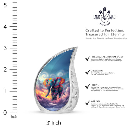 Indigo Elephant Cremation Urn angled view of lid and engraved motif - flowing teardrop elephant silhouette on curved aluminum - mini keepsake memorial for portion of cremation ashes
