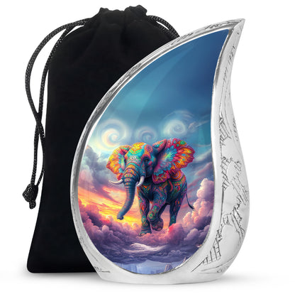 Dusty Blue Elephant Cremation Urn front view showing detailed design - flowing teardrop elephant silhouette on curved aluminum - full-size 10 inch 200 cubic inch adult cremation urn