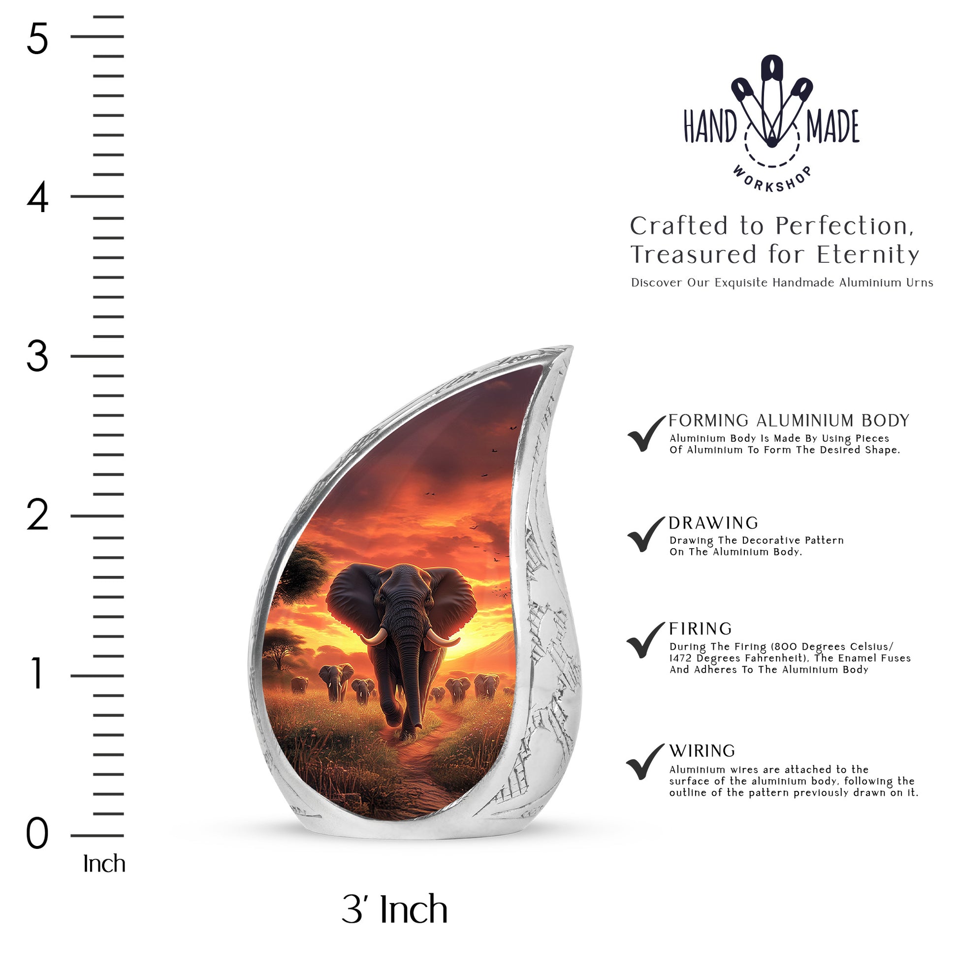 Wine Red Elephant Cremation Urn angled view of lid and engraved motif - flowing teardrop elephant silhouette on curved aluminum - mini keepsake memorial for portion of cremation ashes