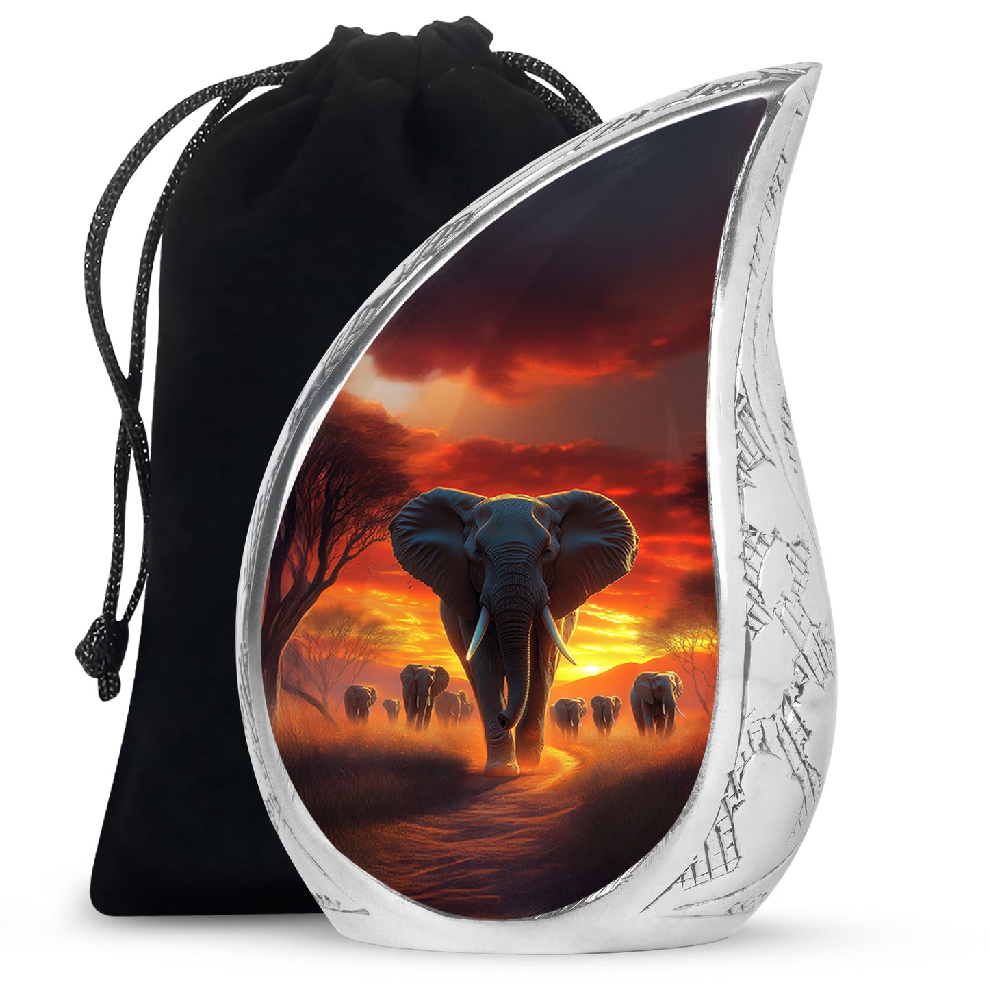 Cherry Red Elephant Cremation Urn front view showing detailed design - smooth teardrop contour featuring elephant art - full-size 10 inch 200 cubic inch adult cremation urn