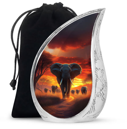 Cherry Red Elephant Cremation Urn front view showing detailed design - smooth teardrop contour featuring elephant art - full-size 10 inch 200 cubic inch adult cremation urn