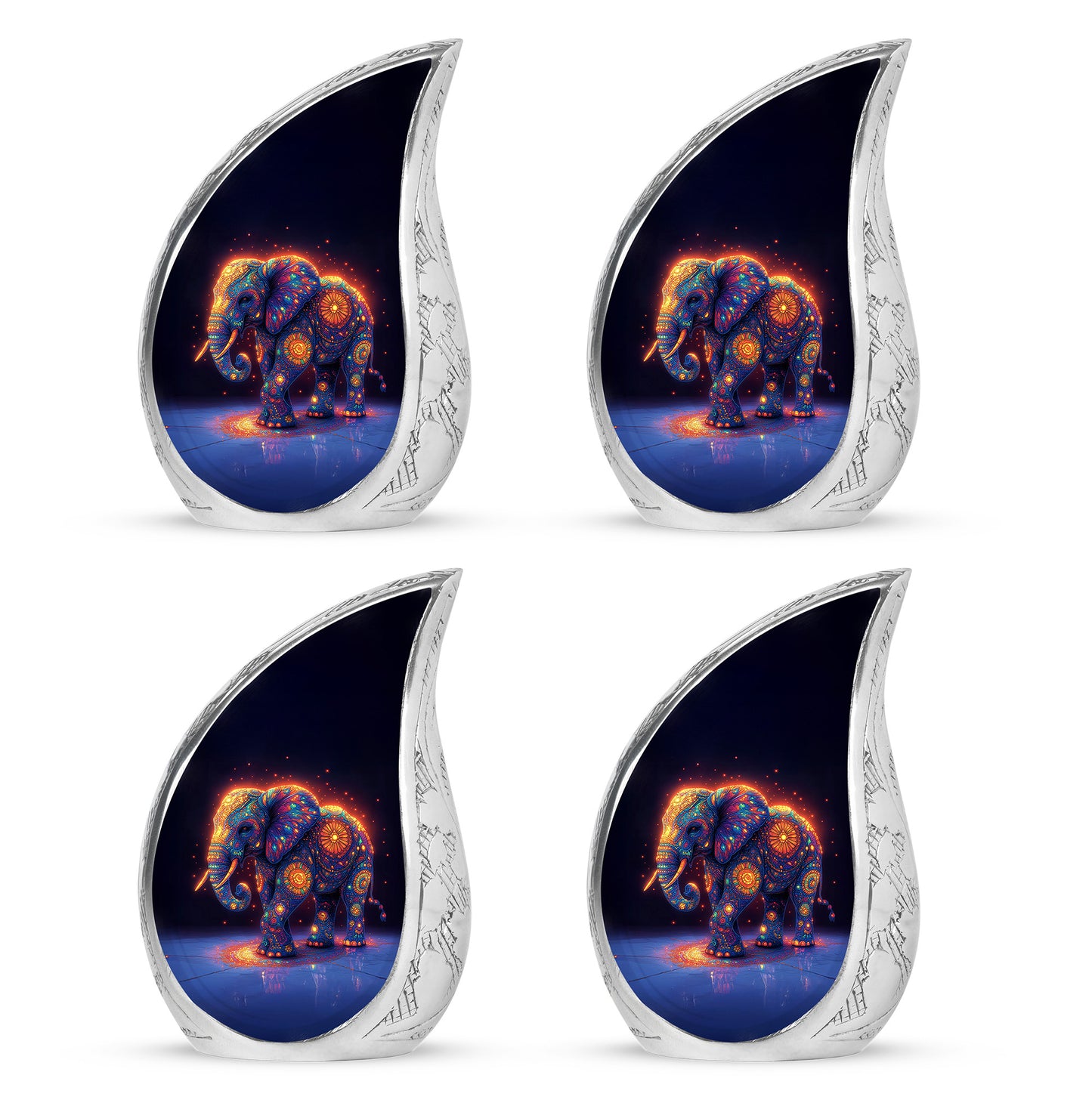 Bright Blue Elephant Cremation Urn close-up of engraving and surface detail - graceful tear-shaped urn with elephant motif - 10 inch aluminum urn for cremated remains