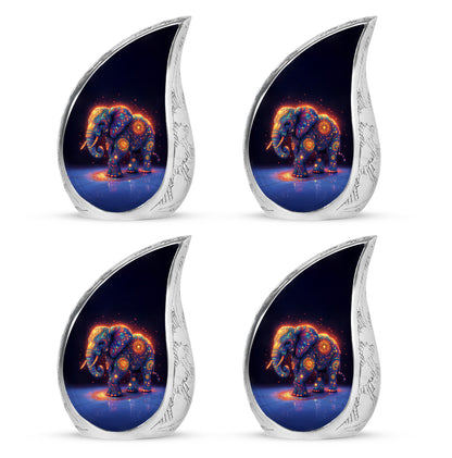 Bright Blue Elephant Cremation Urn close-up of engraving and surface detail - graceful tear-shaped urn with elephant motif - 10 inch aluminum urn for cremated remains