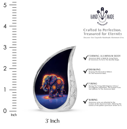 Slate Blue Elephant Cremation Urn angled view of lid and engraved motif - rounded teardrop elephant design with delicate detail - mini keepsake memorial for portion of cremation ashes