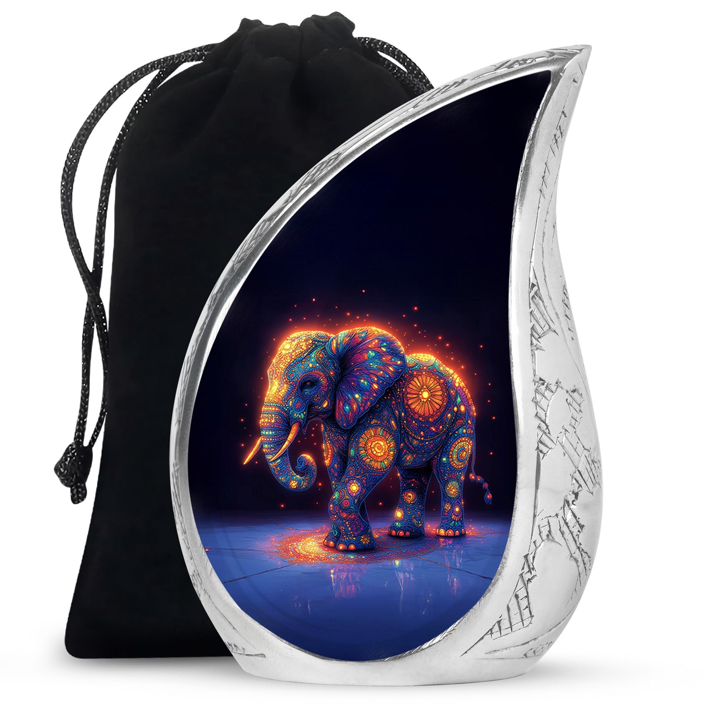 Sky Blue Elephant Cremation Urn front view showing detailed design - flowing teardrop elephant silhouette on curved aluminum - full-size 10 inch 200 cubic inch adult cremation urn
