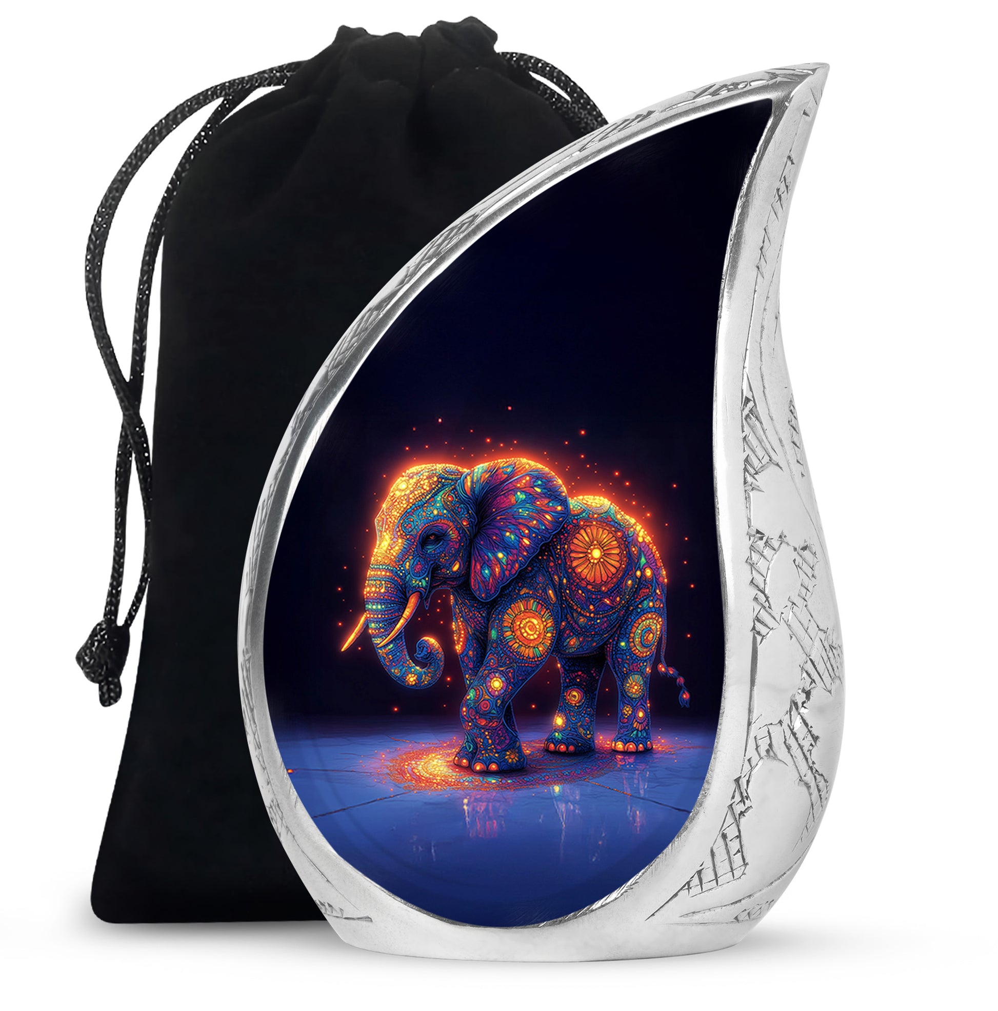 Sky Blue Elephant Cremation Urn front view showing detailed design - flowing teardrop elephant silhouette on curved aluminum - full-size 10 inch 200 cubic inch adult cremation urn