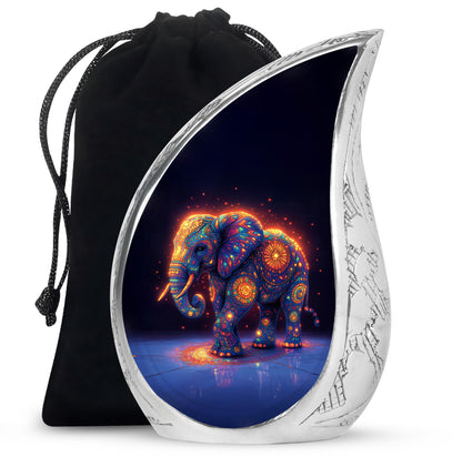 Sky Blue Elephant Cremation Urn front view showing detailed design - flowing teardrop elephant silhouette on curved aluminum - full-size 10 inch 200 cubic inch adult cremation urn