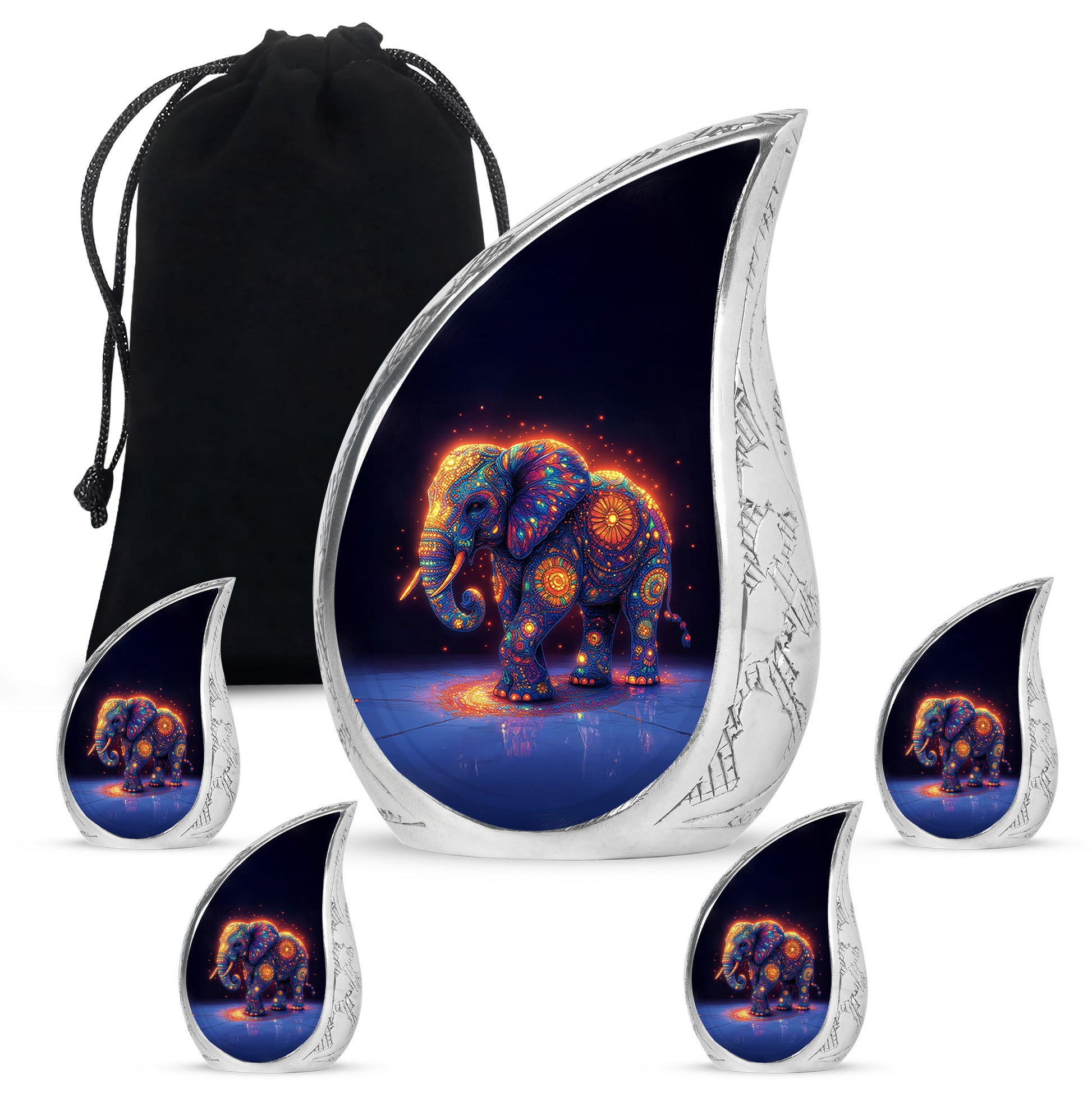 Cornflower Blue Elephant Cremation Urn side profile showing urn shape - smooth teardrop contour featuring elephant art - memorial set with one large and four small urns