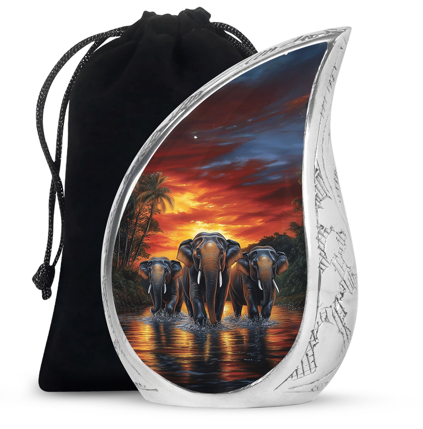 Fiery Red Elephant Cremation Urn front view showing detailed design - smooth teardrop contour featuring elephant art - full-size 10 inch 200 cubic inch adult cremation urn