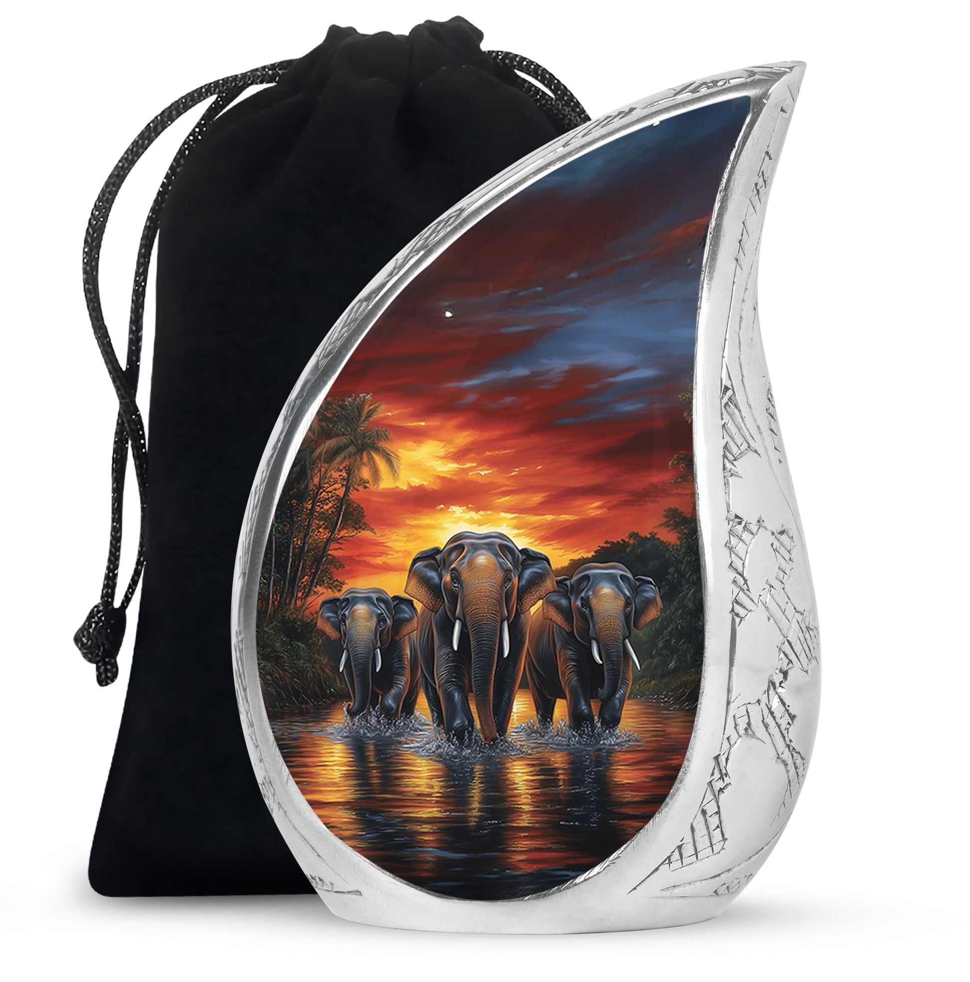 Fiery Red Elephant Cremation Urn front view showing detailed design - smooth teardrop contour featuring elephant art - full-size 10 inch 200 cubic inch adult cremation urn
