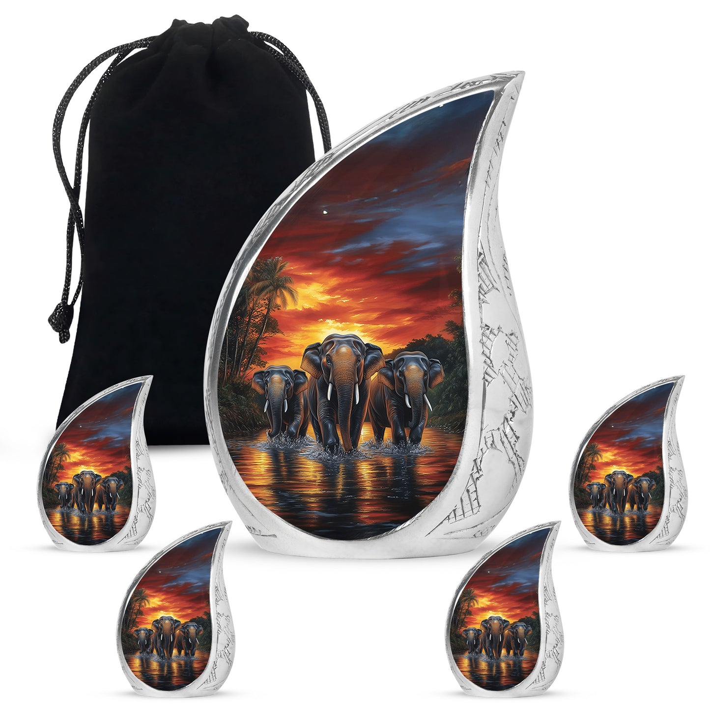 Garnet Red Elephant Cremation Urn side profile showing urn shape - flowing teardrop elephant silhouette on curved aluminum - memorial set with one large and four small urns