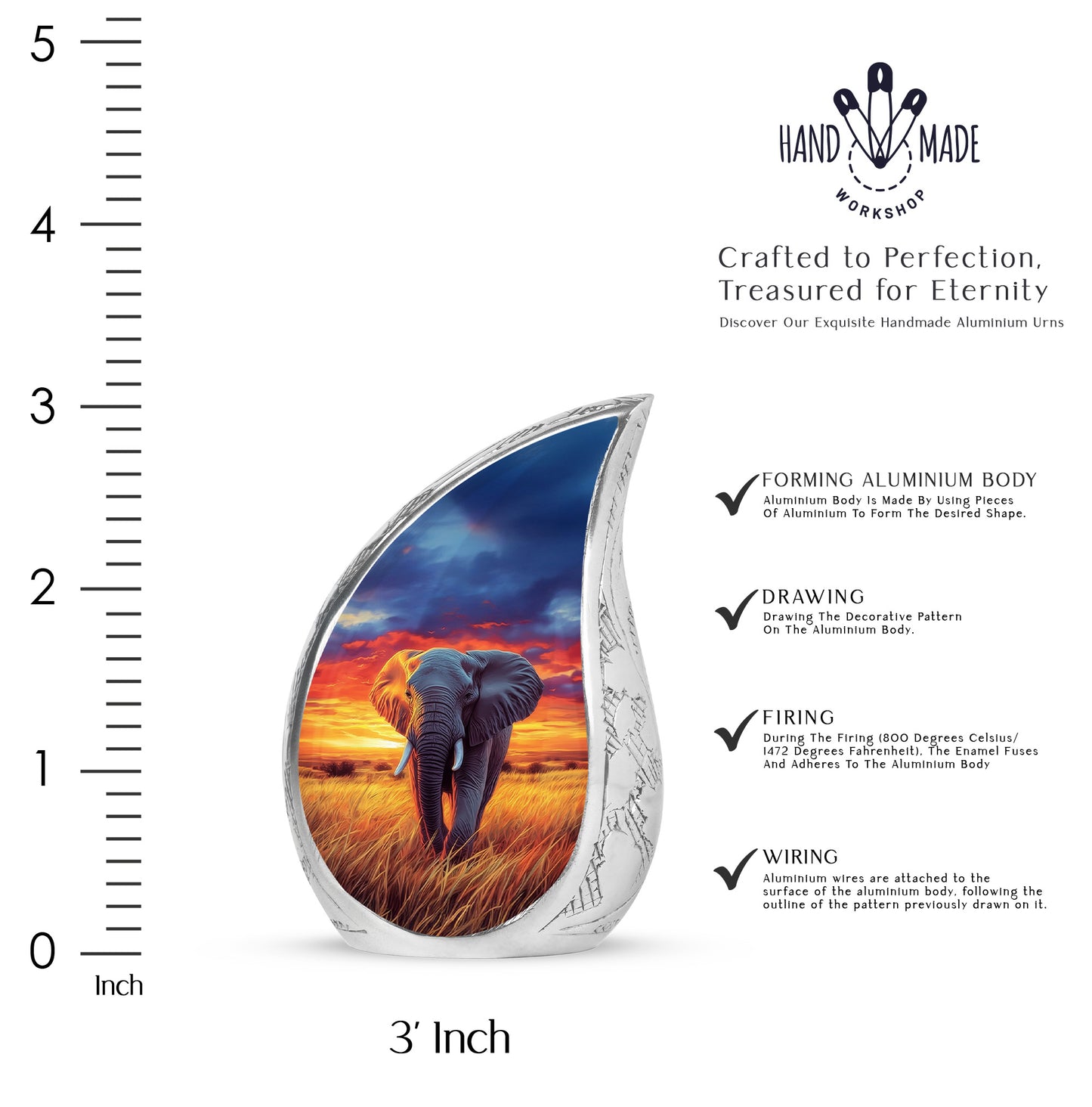 Twilight Blue Elephant Cremation Urn angled view of lid and engraved motif - graceful tear-shaped urn with elephant motif - mini keepsake memorial for portion of cremation ashes