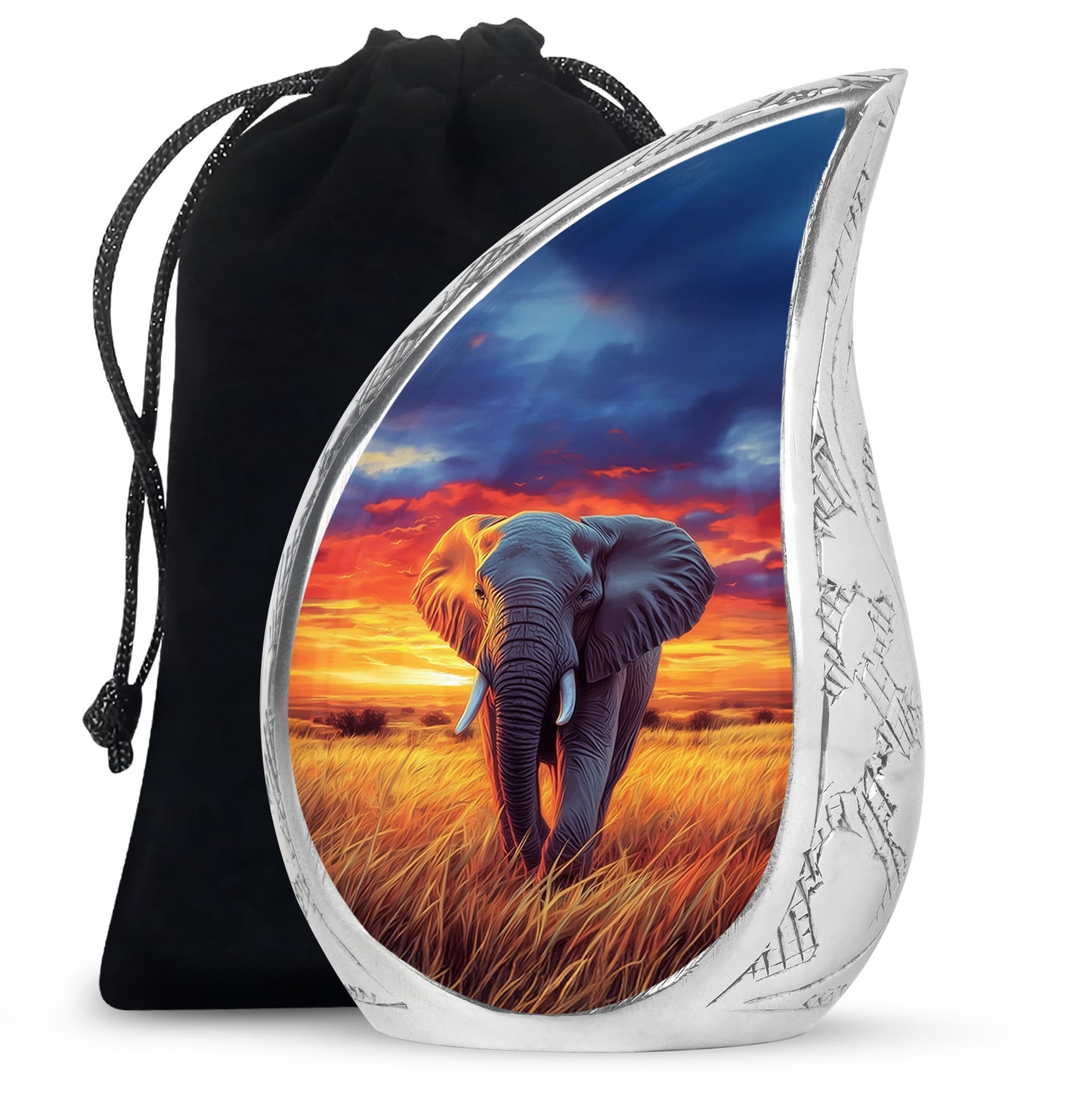 Bright Blue Elephant Cremation Urn front view showing detailed design - graceful tear-shaped urn with elephant motif - full-size 10 inch 200 cubic inch adult cremation urn