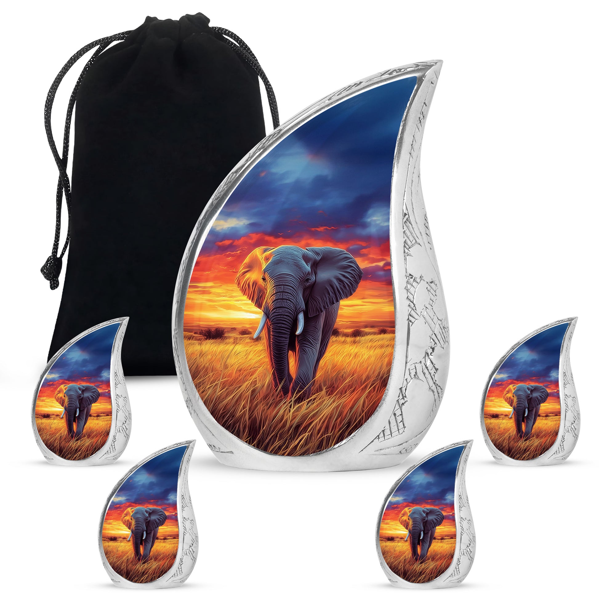 Azure Elephant Cremation Urn side profile showing urn shape - flowing teardrop elephant silhouette on curved aluminum - memorial set with one large and four small urns