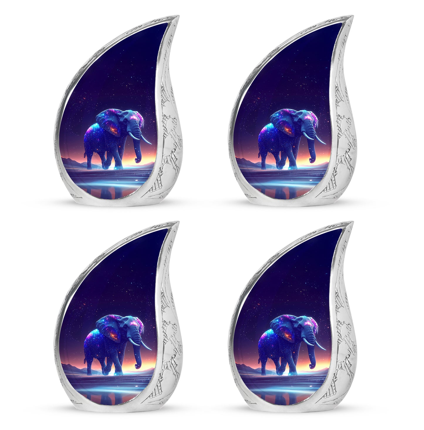 Violet Purple Elephant Cremation Urn close-up of engraving and surface detail - smooth teardrop contour featuring elephant art - 10 inch aluminum urn for cremated remains