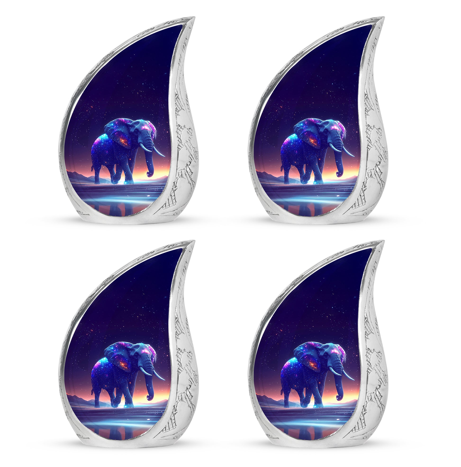 Violet Purple Elephant Cremation Urn close-up of engraving and surface detail - smooth teardrop contour featuring elephant art - 10 inch aluminum urn for cremated remains