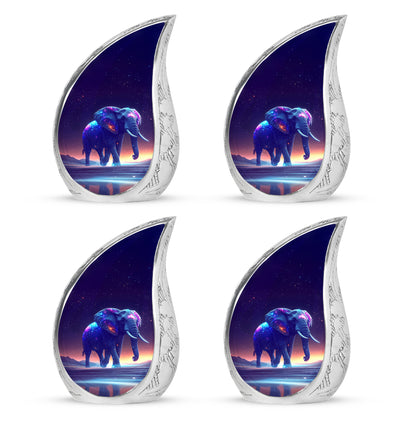 Violet Purple Elephant Cremation Urn close-up of engraving and surface detail - smooth teardrop contour featuring elephant art - 10 inch aluminum urn for cremated remains