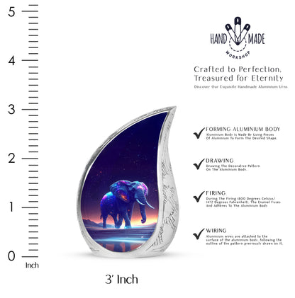 Lavender Purple Elephant Cremation Urn angled view of lid and engraved motif - smooth teardrop contour featuring elephant art - mini keepsake memorial for portion of cremation ashes
