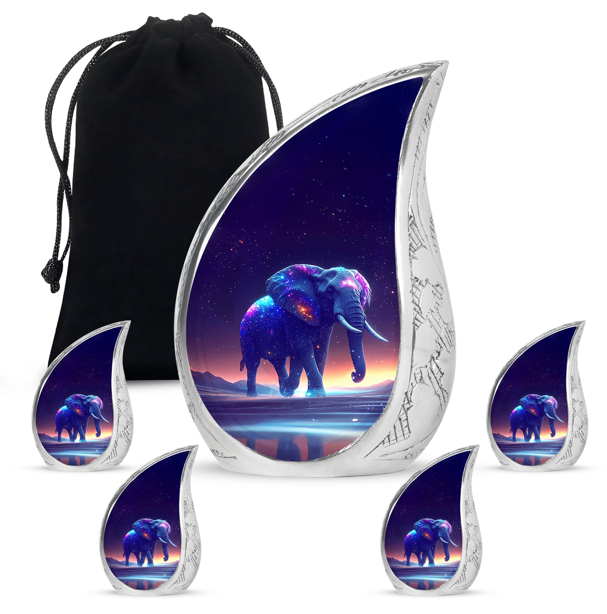 Royal Purple Elephant Cremation Urn side profile showing urn shape - graceful tear-shaped urn with elephant motif - memorial set with one large and four small urns