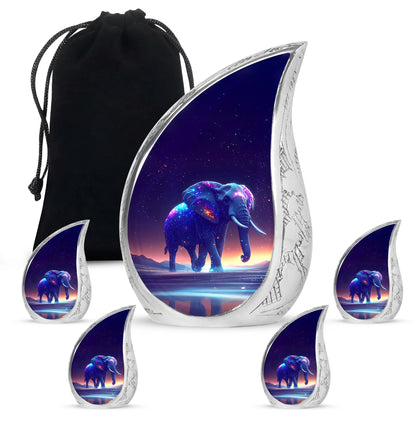 Royal Purple Elephant Cremation Urn side profile showing urn shape - graceful tear-shaped urn with elephant motif - memorial set with one large and four small urns