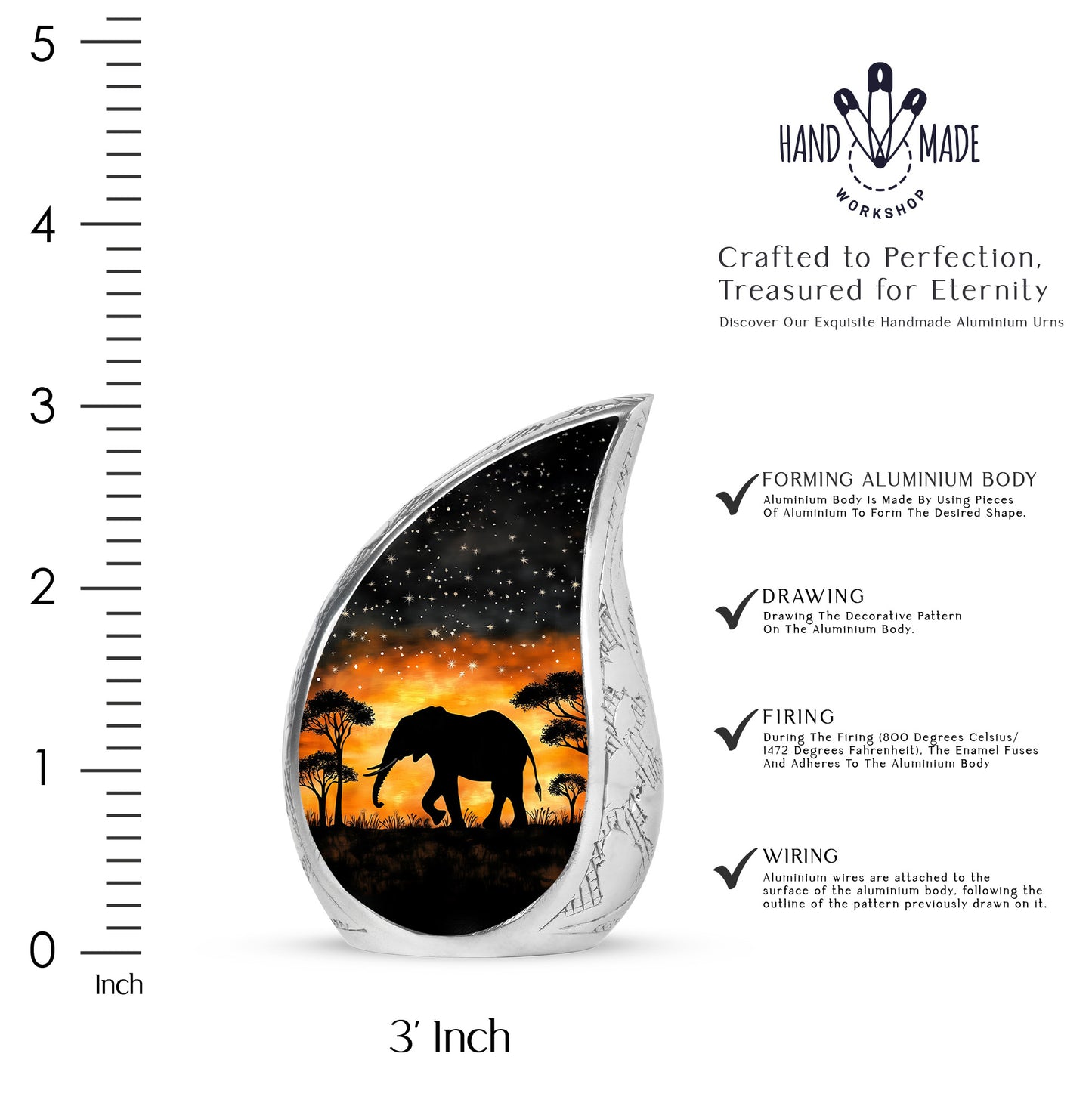 Charcoal Black Elephant Cremation Urn angled view of lid and engraved motif - graceful tear-shaped urn with elephant motif - mini keepsake memorial for portion of cremation ashes