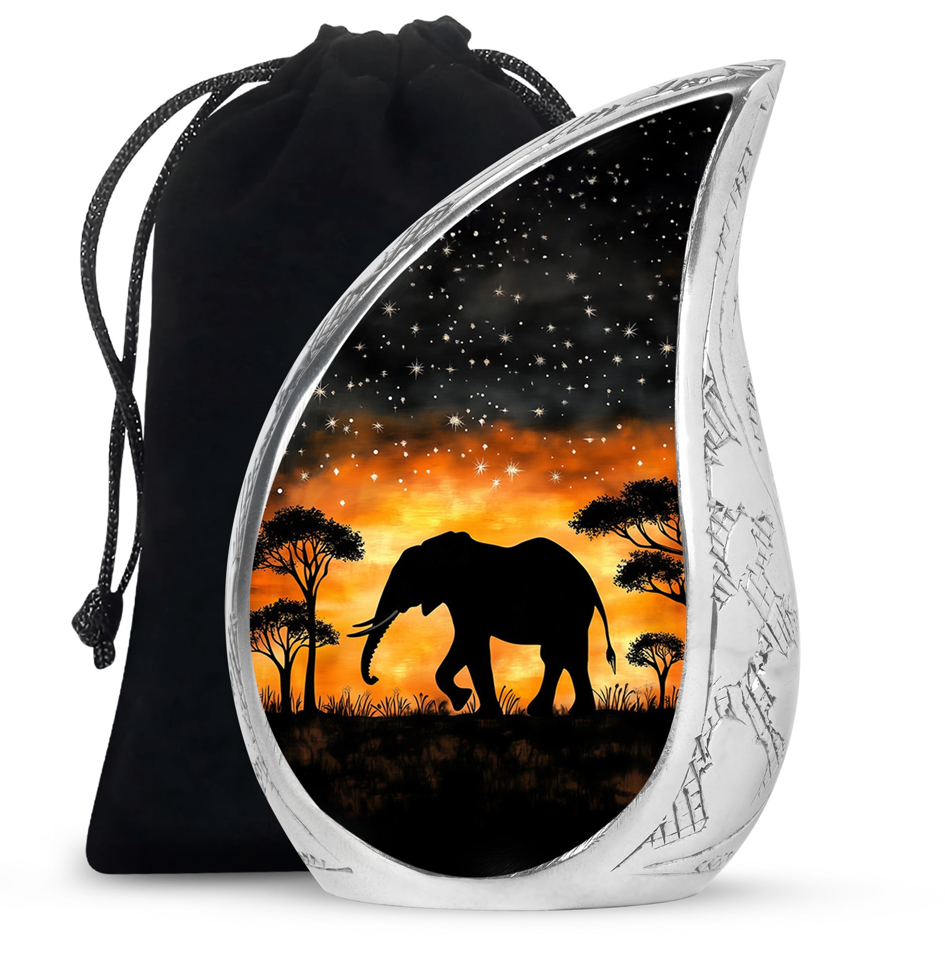 Dark Black Elephant Cremation Urn front view showing detailed design - smooth teardrop contour featuring elephant art - full-size 10 inch 200 cubic inch adult cremation urn