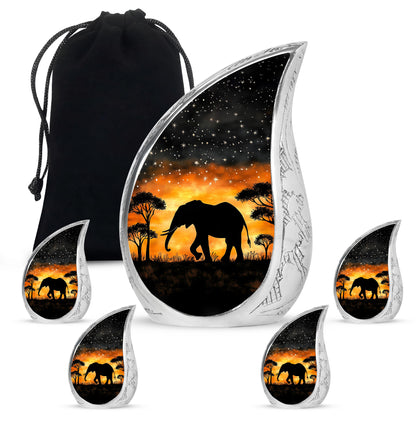 Glossy Black Elephant Cremation Urn side profile showing urn shape - flowing teardrop elephant silhouette on curved aluminum - memorial set with one large and four small urns