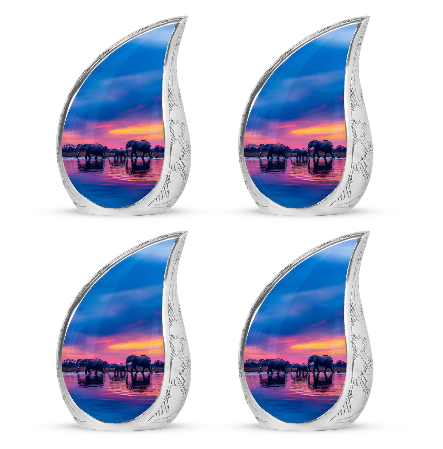 Misty Blue Elephant Cremation Urn close-up of engraving and surface detail - rounded teardrop elephant design with delicate detail - 10 inch aluminum urn for cremated remains