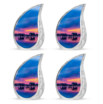 Misty Blue Elephant Cremation Urn close-up of engraving and surface detail - rounded teardrop elephant design with delicate detail - 10 inch aluminum urn for cremated remains