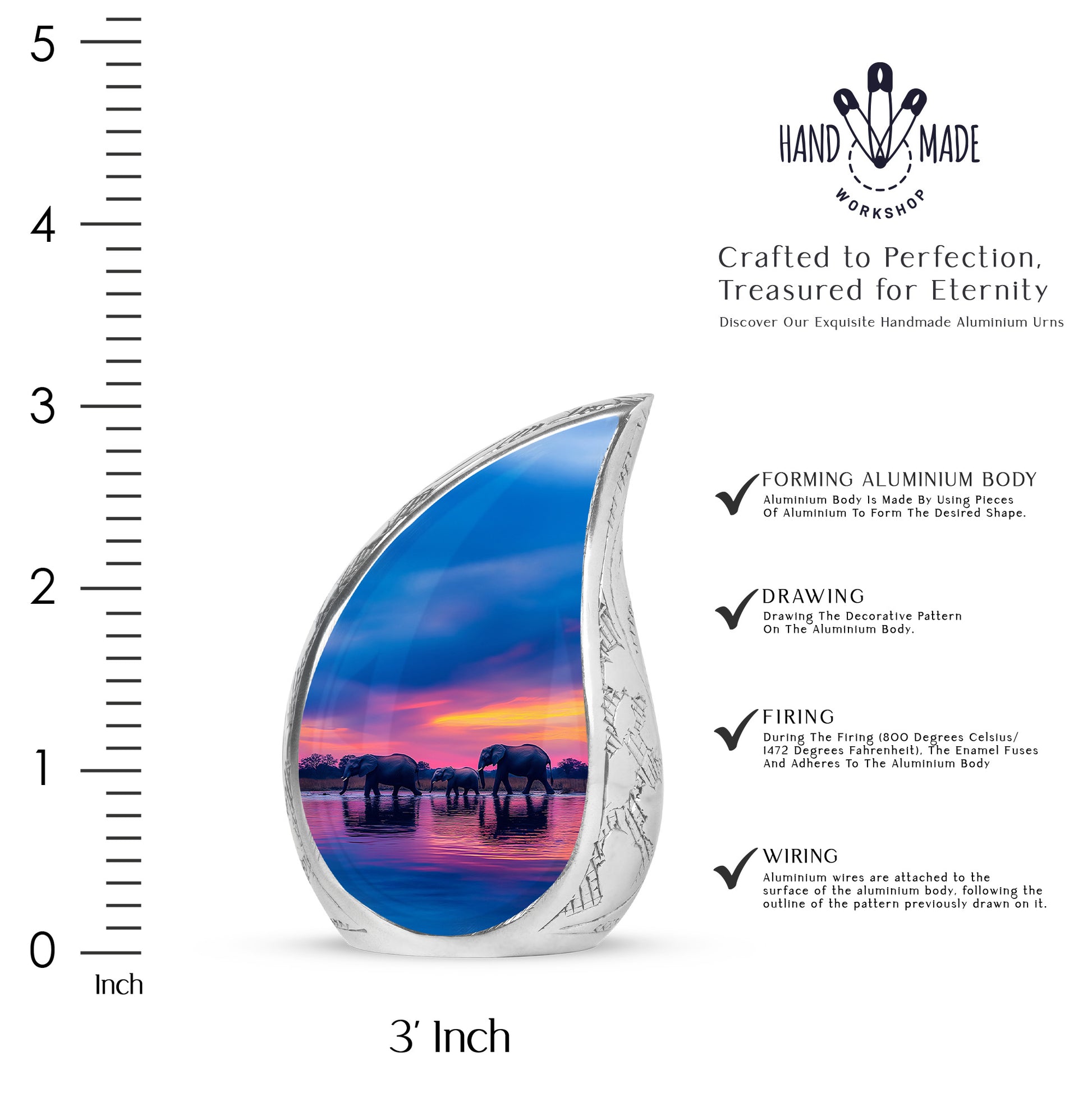 Misty Blue Elephant Cremation Urn angled view of lid and engraved motif - rounded teardrop elephant design with delicate detail - mini keepsake memorial for portion of cremation ashes
