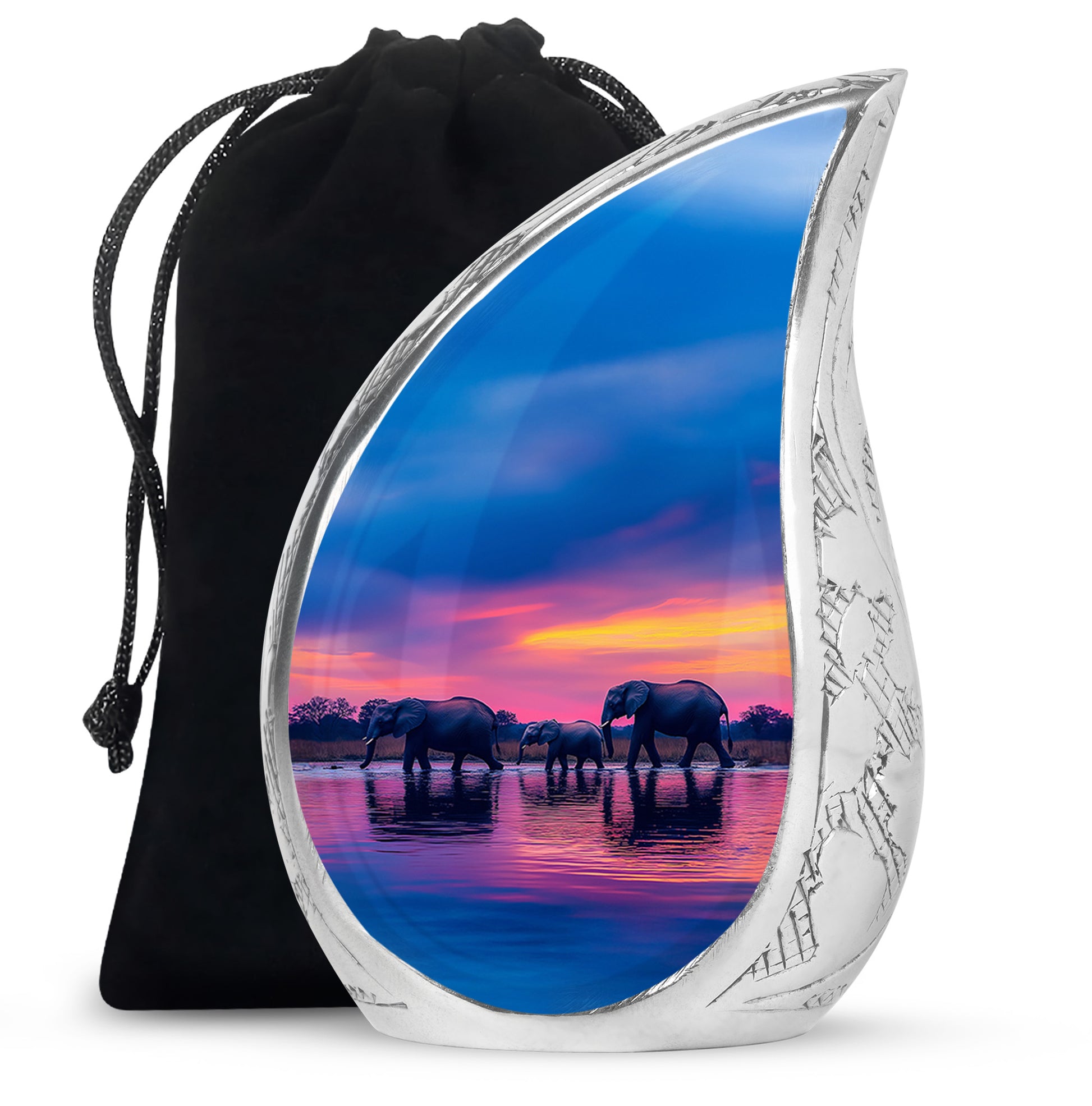 Bright Blue Elephant Cremation Urn front view showing detailed design - smooth teardrop contour featuring elephant art - full-size 10 inch 200 cubic inch adult cremation urn