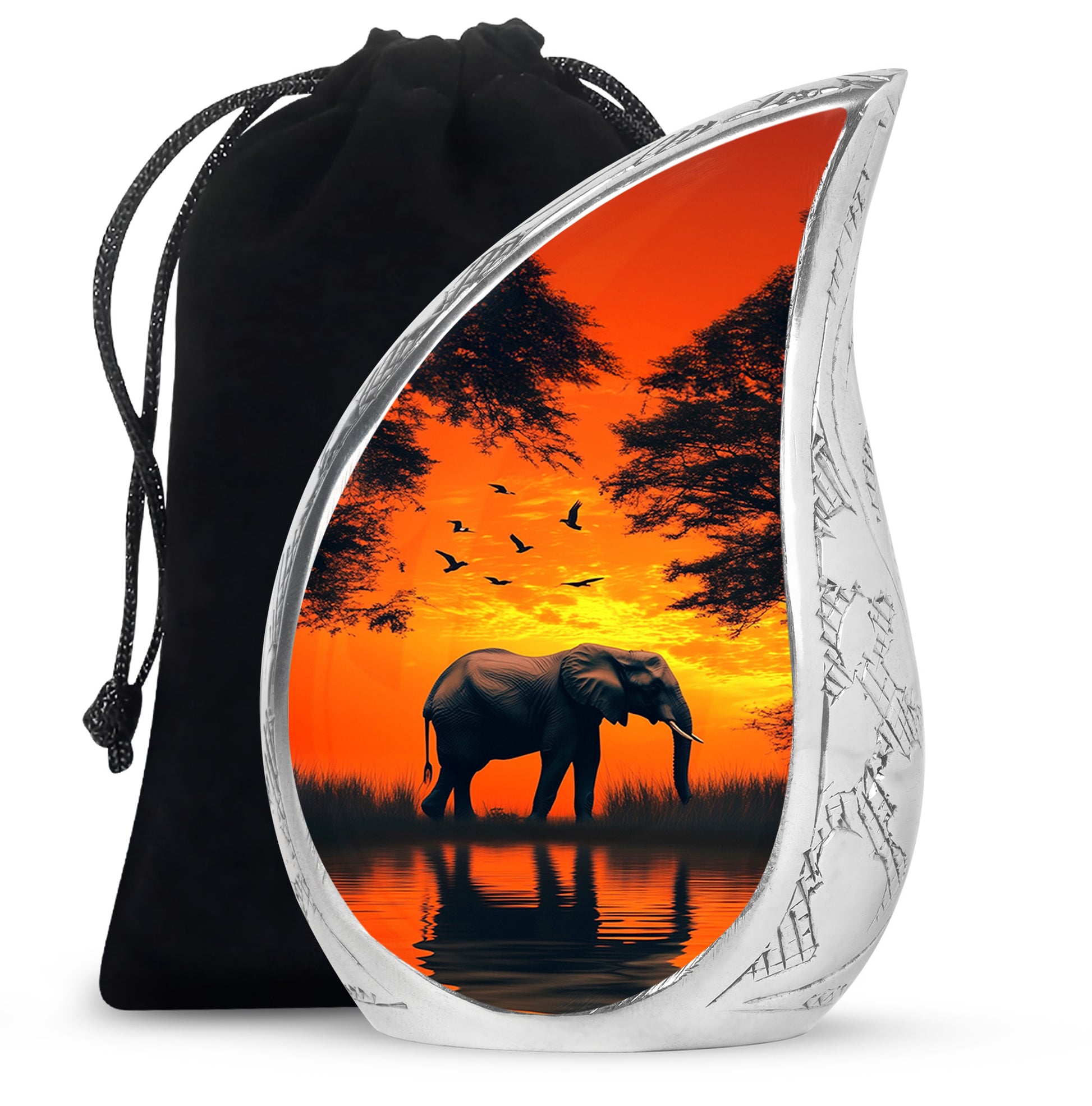 Warm Gold Elephant Cremation Urn front view showing detailed design - graceful tear-shaped urn with elephant motif - full-size 10 inch 200 cubic inch adult cremation urn