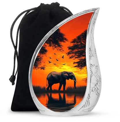 Warm Gold Elephant Cremation Urn front view showing detailed design - graceful tear-shaped urn with elephant motif - full-size 10 inch 200 cubic inch adult cremation urn