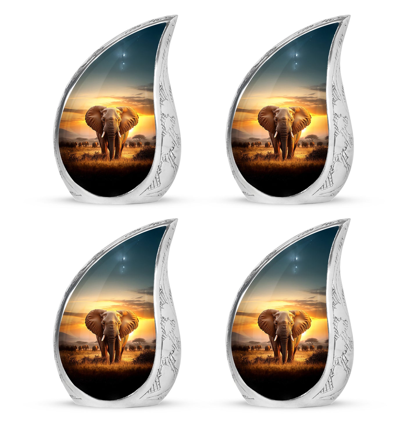 Champagne Gold Elephant Cremation Urn close-up of engraving and surface detail - rounded teardrop elephant design with delicate detail - 10 inch aluminum urn for cremated remains