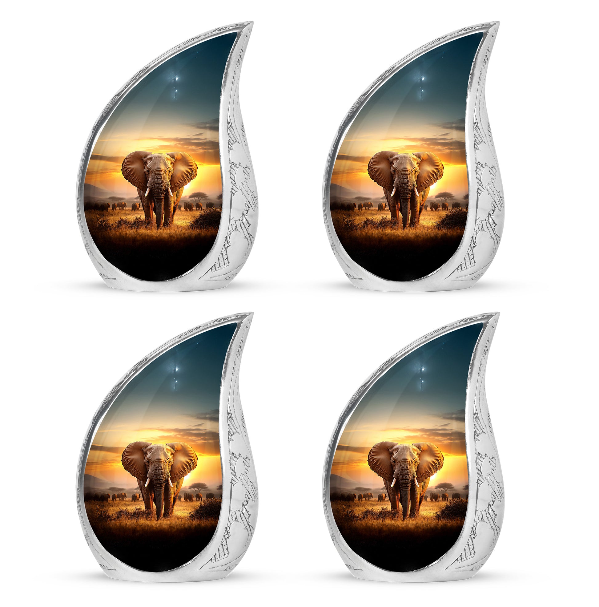 Champagne Gold Elephant Cremation Urn close-up of engraving and surface detail - rounded teardrop elephant design with delicate detail - 10 inch aluminum urn for cremated remains