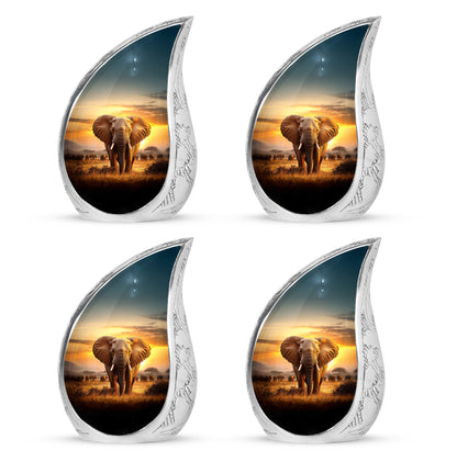 Champagne Gold Elephant Cremation Urn close-up of engraving and surface detail - rounded teardrop elephant design with delicate detail - 10 inch aluminum urn for cremated remains