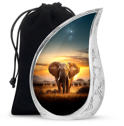 Gilded Gold Elephant Cremation Urn front view showing detailed design - rounded teardrop elephant design with delicate detail - full-size 10 inch 200 cubic inch adult cremation urn