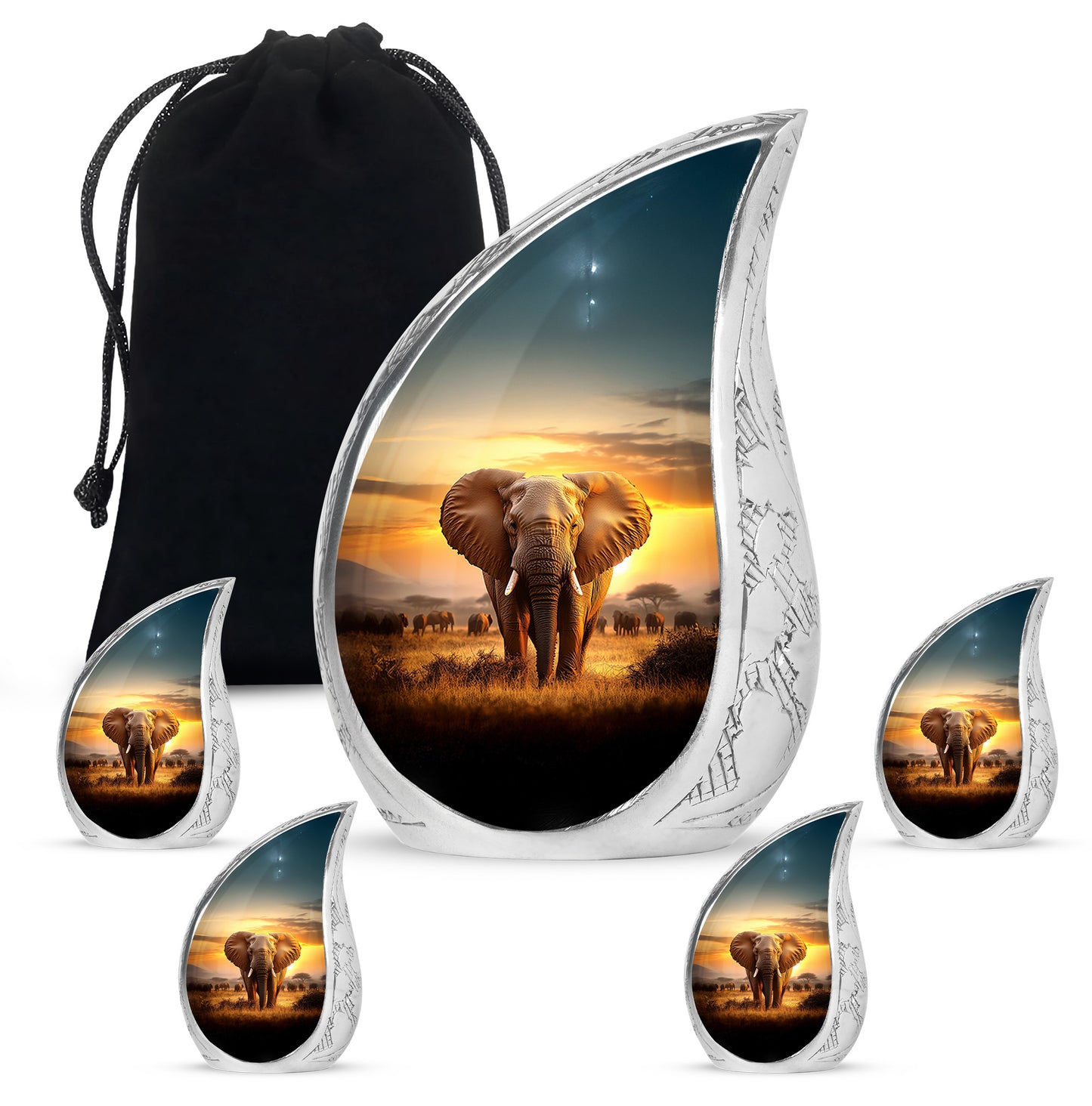 Amber Gold Elephant Cremation Urn side profile showing urn shape - flowing teardrop elephant silhouette on curved aluminum - memorial set with one large and four small urns