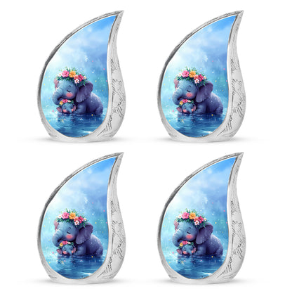 Indigo Elephant Cremation Urn close-up of engraving and surface detail - flowing teardrop elephant silhouette on curved aluminum - 10 inch aluminum urn for cremated remains