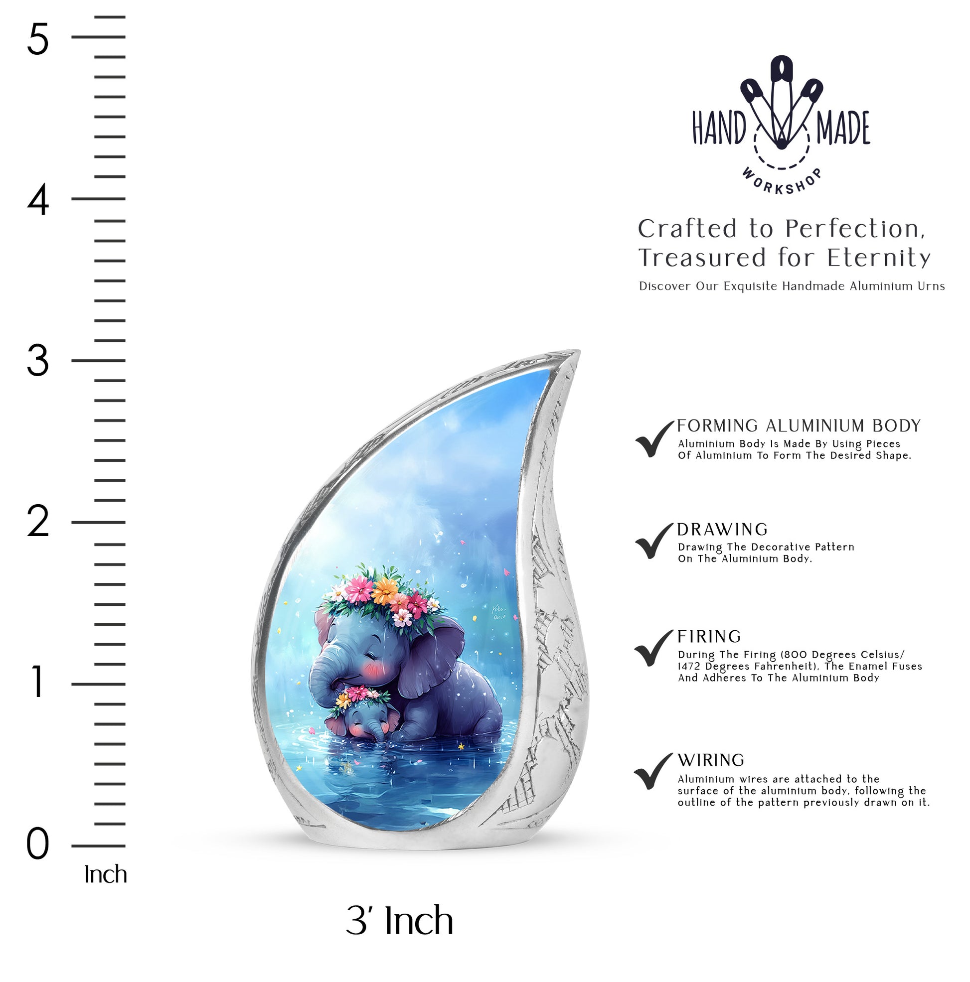 Azure Elephant Cremation Urn angled view of lid and engraved motif - flowing teardrop elephant silhouette on curved aluminum - mini keepsake memorial for portion of cremation ashes