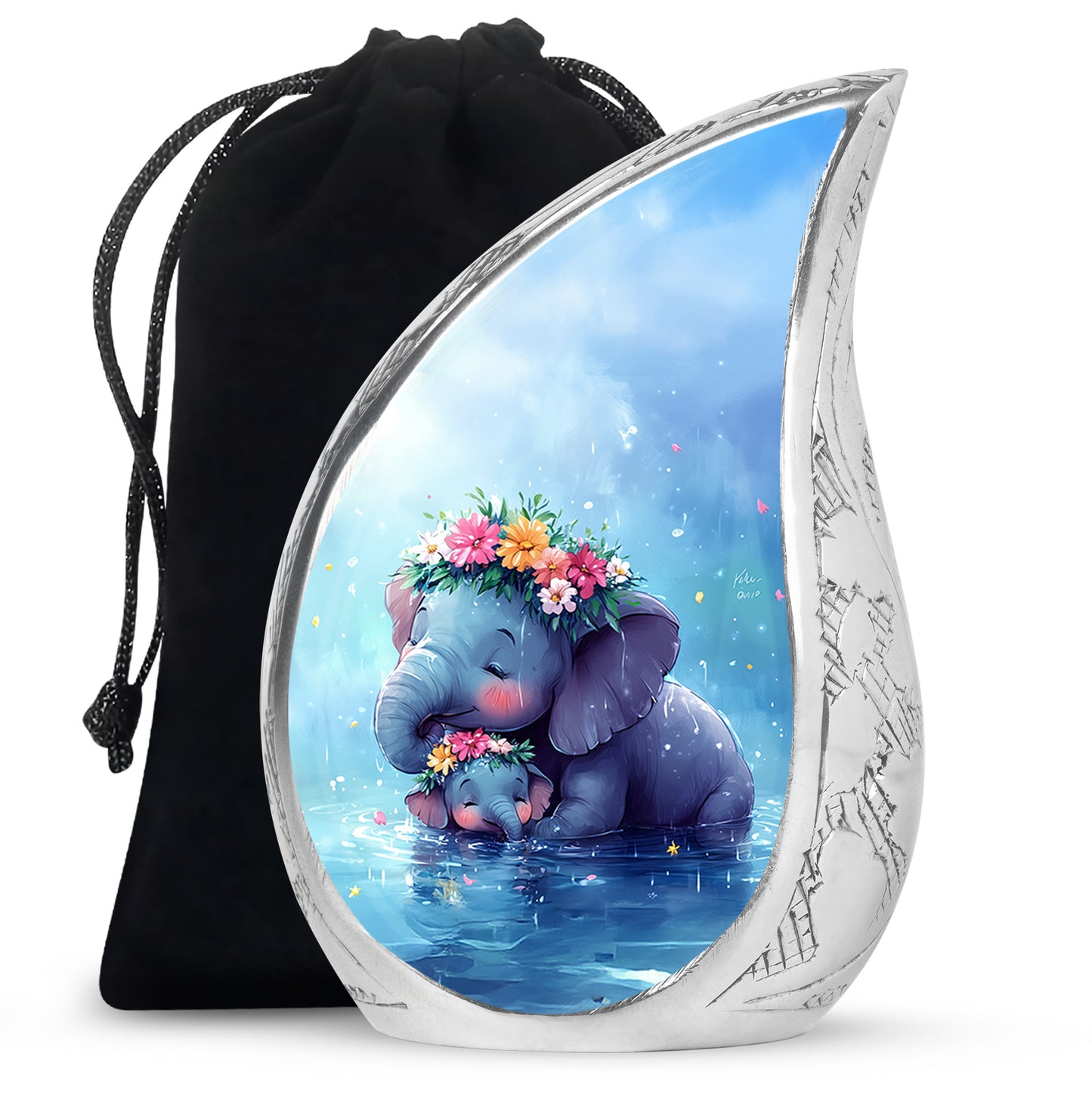 Celestial Blue Elephant Cremation Urn front view showing detailed design - flowing teardrop elephant silhouette on curved aluminum - full-size 10 inch 200 cubic inch adult cremation urn